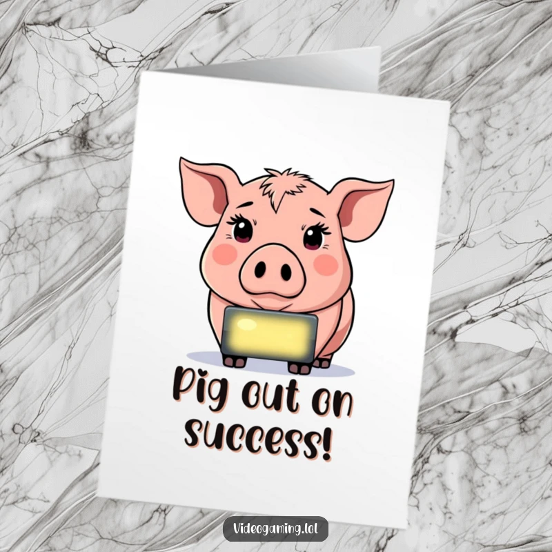 Funny Free Printable Congratulations Card: A determined pig with eyes locked on a bright screen, celebrating a gaming victory.