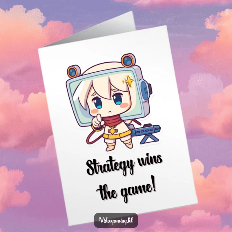 Funny Free Printable Congrats Card with a strategic character pointing at a screen, analyzing a successful outcome.