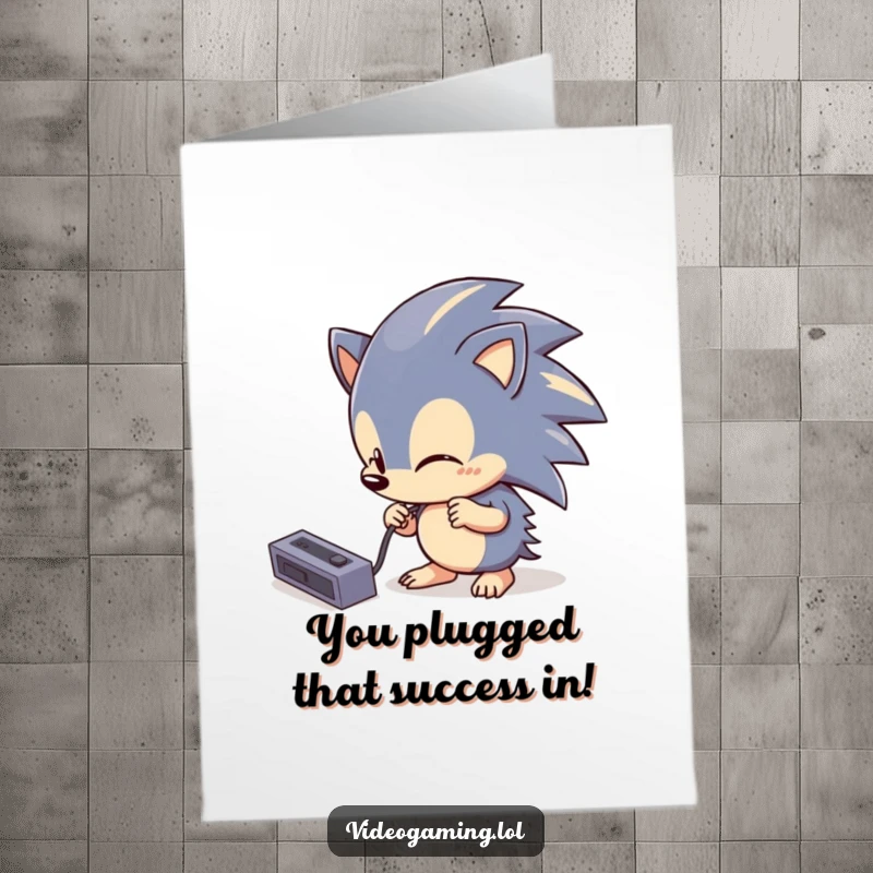 Funny Free Printable Congrats Card: A curious hedgehog attempts to plug in a console cable, congratulating success humorously.