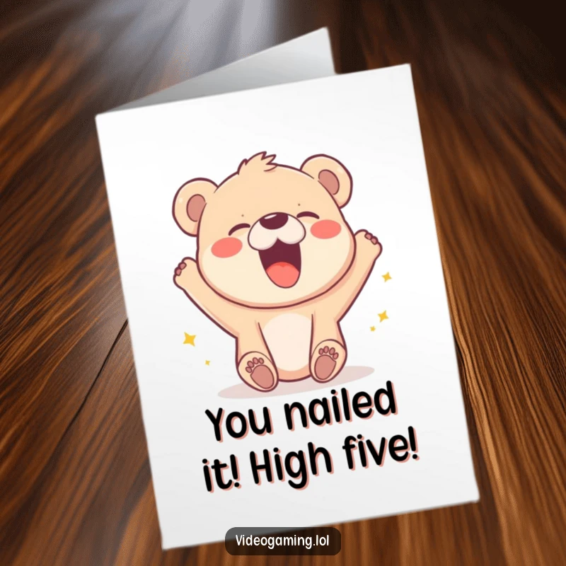 Funny Free Printable Congratulations Card: Animated bear cub joyfully watching a pixelated character achieve a virtual win.