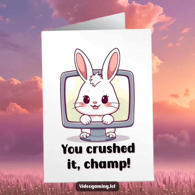 Funny Free Printable Congratulations Card: A cheerful rabbit intensely gaming on a monitor, a humorous congrats for gamers.