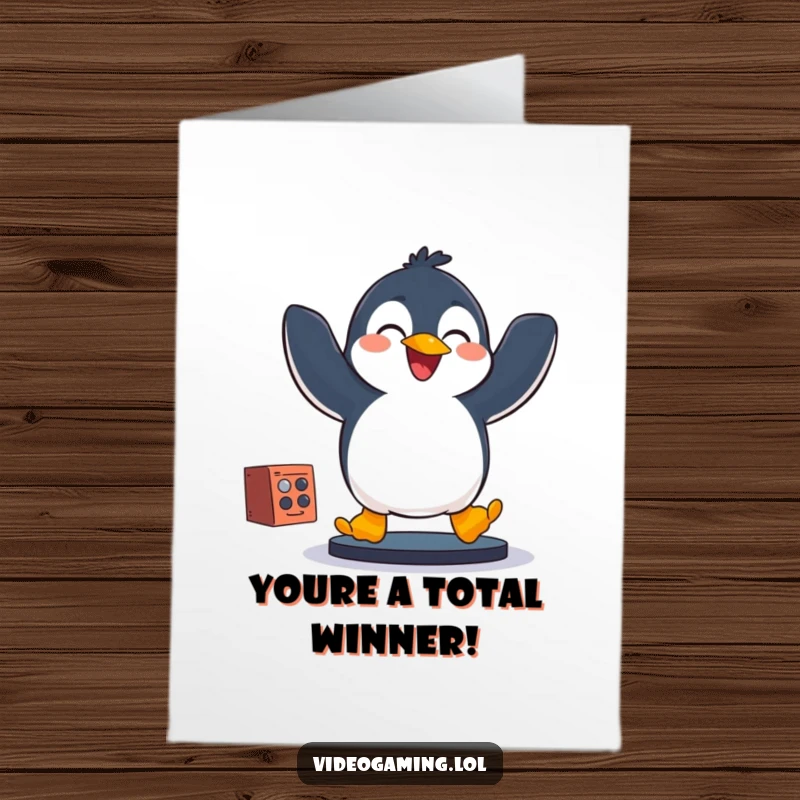 Funny Free Printable Congrats Card: A joyful penguin jumps high in the air celebrating their gaming victory with pure excitement.