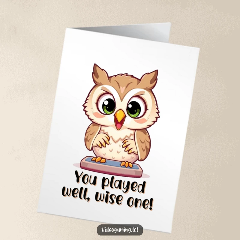 Funny free printable congratulations card: Joyful owl plays a game with wide, focused eyes, celebrating your achievement.