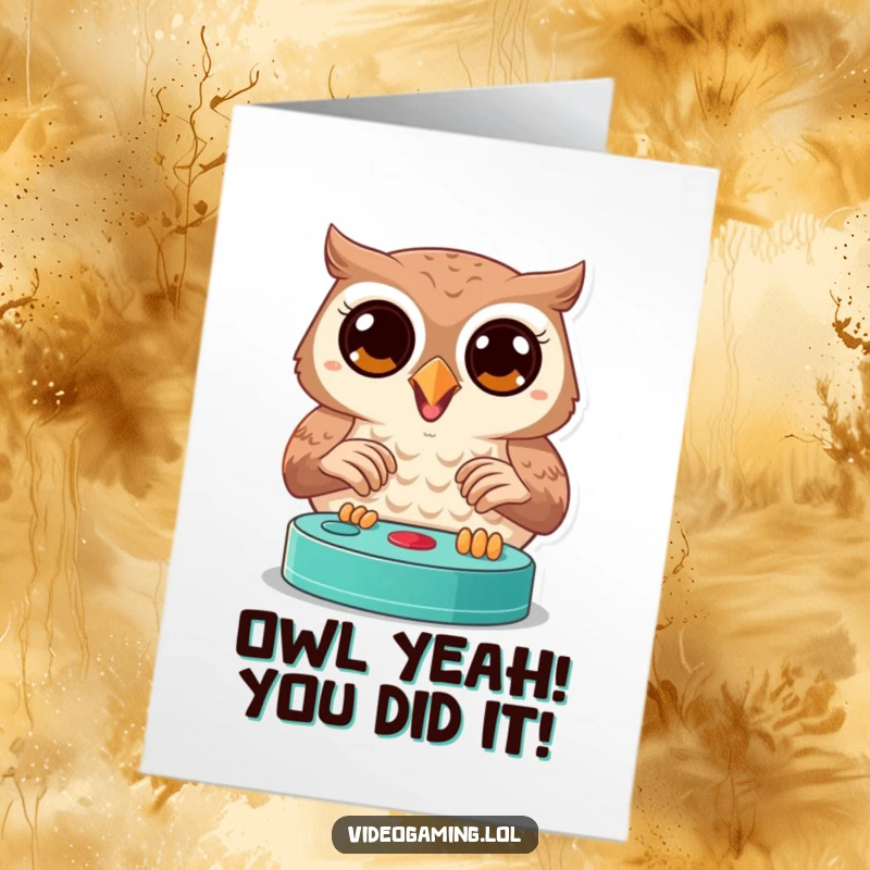 Funny Free Printable Congrats Card: Joyful owl intensely plays video games, celebrating a victory with wide, focused eyes.