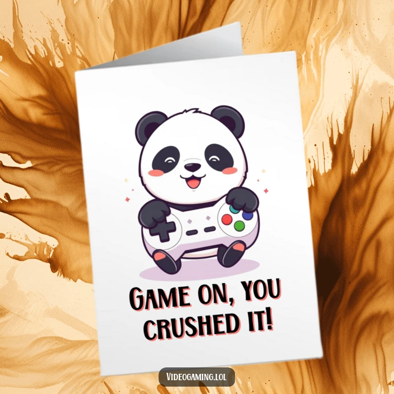 Funny Free Printable Congratulations Card: Panda intensely mashing buttons on a video game controller, celebrating a win.