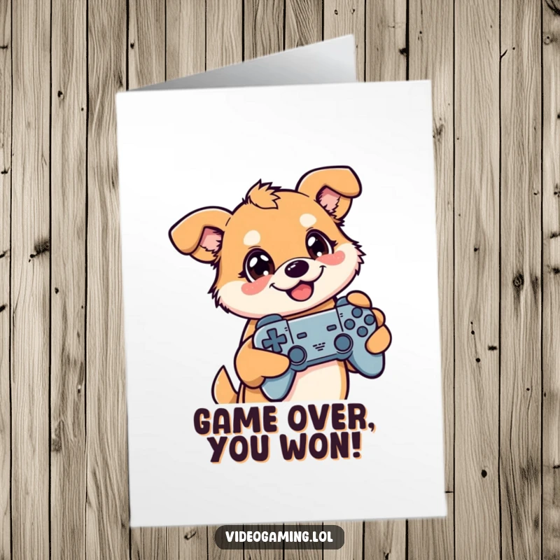 Free Printable Congratulations Card: Happy dog celebrating a video game win, controller held high with excitement.