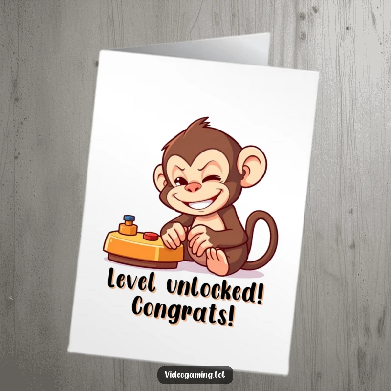 Funny Free Printable Congratulations Card: Mischievous monkey cheering wildly after winning a video game, totally downloadable.