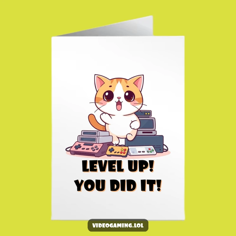 Free Printable Funny Congrats Card: Surprised Cat Gamer - Downloadable Witty Message