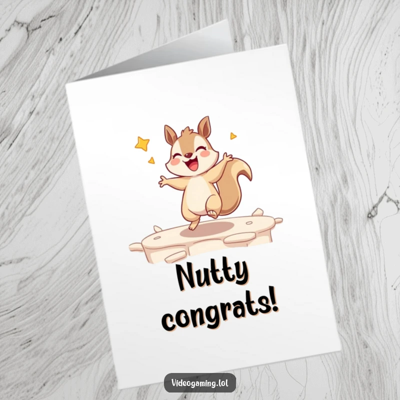 Funny Free Printable Congratulations Card: A squirrel joyfully dancing after winning a gaming level, celebrating success.
