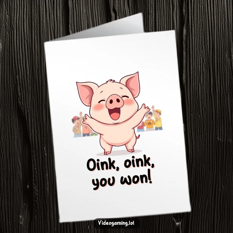 Funny Free Printable Congrats Card showing an ecstatic piglet triumphantly cheering at a game victory.