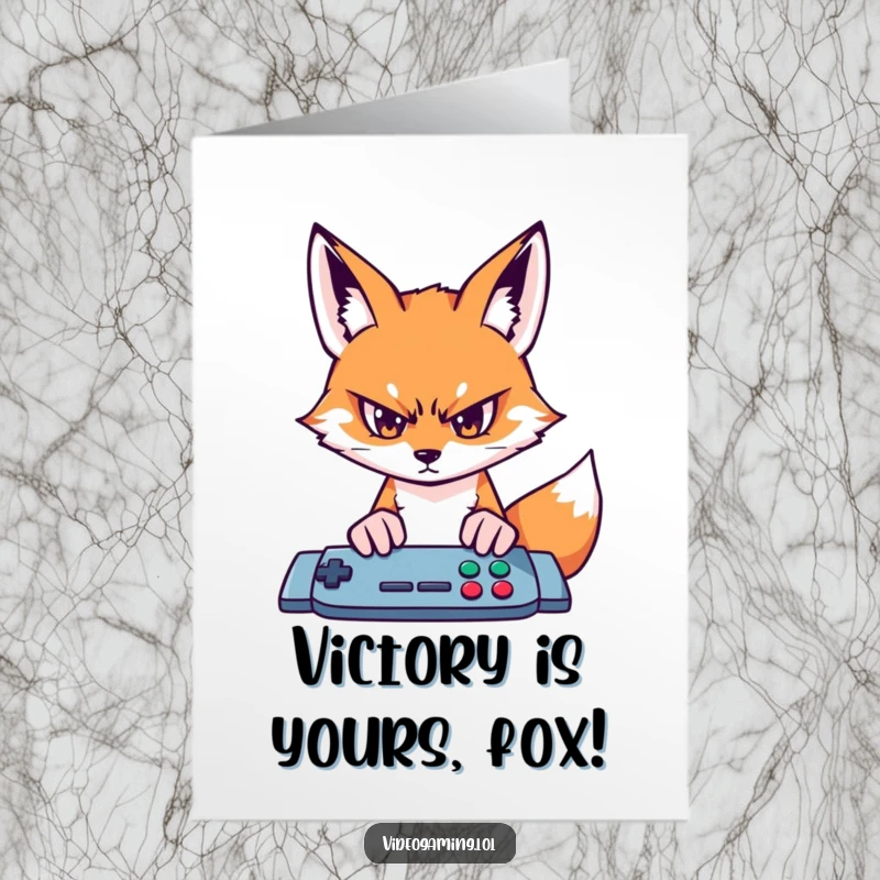 Funny Free Printable Congrats Card: Determined fox with laser focus on a game screen, celebrating a victory.