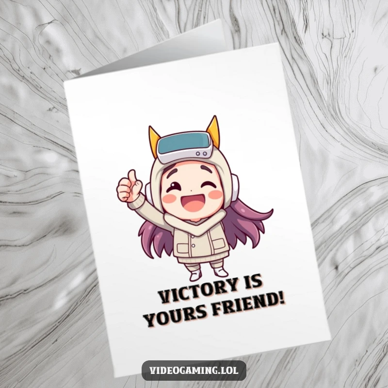 Funny Free Printable Congrats Card with a happy character doing a fist pump, celebrating a well-earned virtual win.