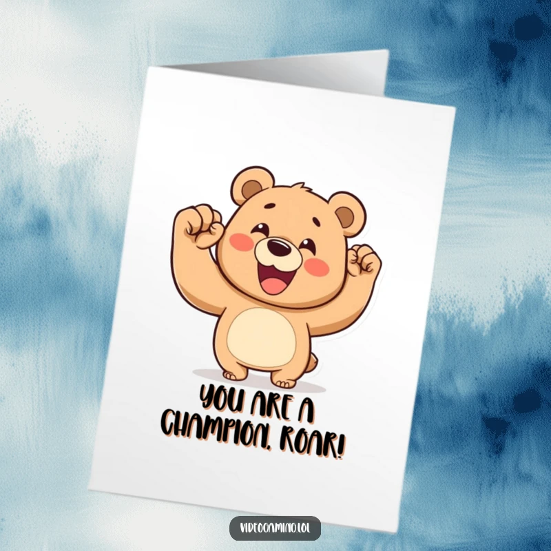 Funny Free Printable Congratulations Card: Happy bear pumping its fist in victory, celebrating a huge achievement.