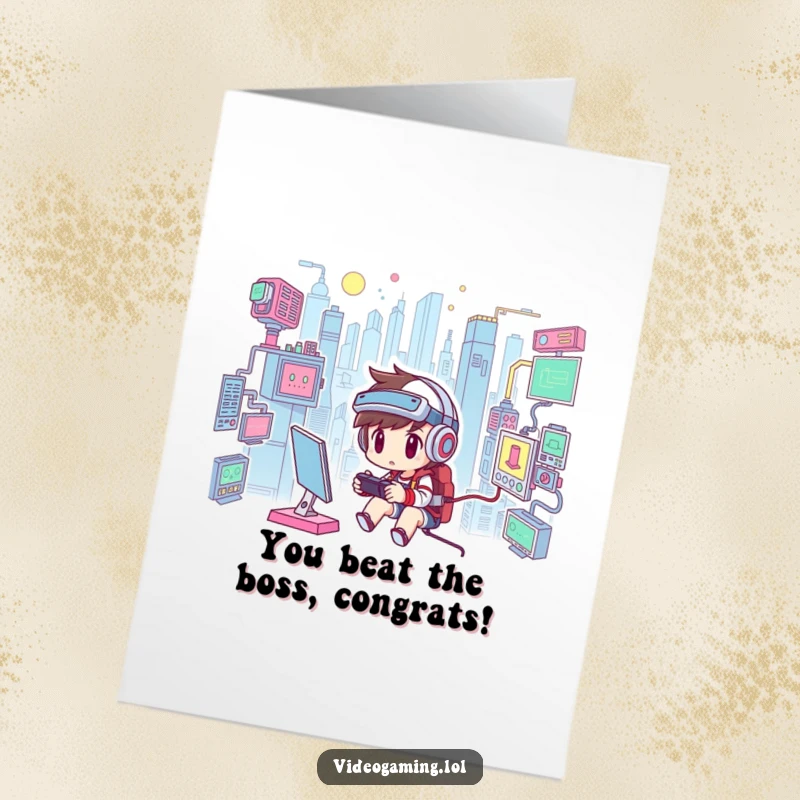 Funny Free Printable Gamer Congratulations Card: Determined gamer celebrates virtual victory, a downloadable gift.