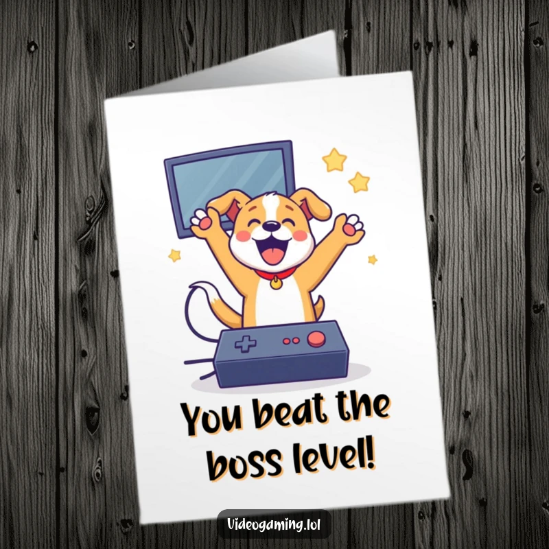Funny Free Printable Congrats Card: Excited dog mid-air jump, celebrating a video game win with controller, ready for congratulations.
