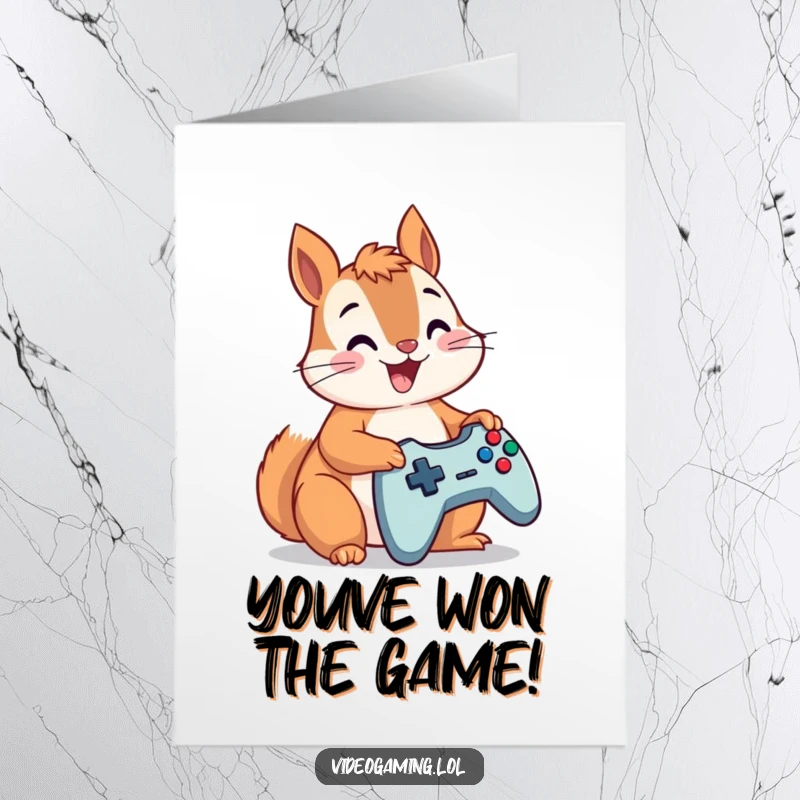 Funny Free Printable Congrats Card: A happy squirrel celebrates your victory by feverishly mashing controller buttons in excitement.
