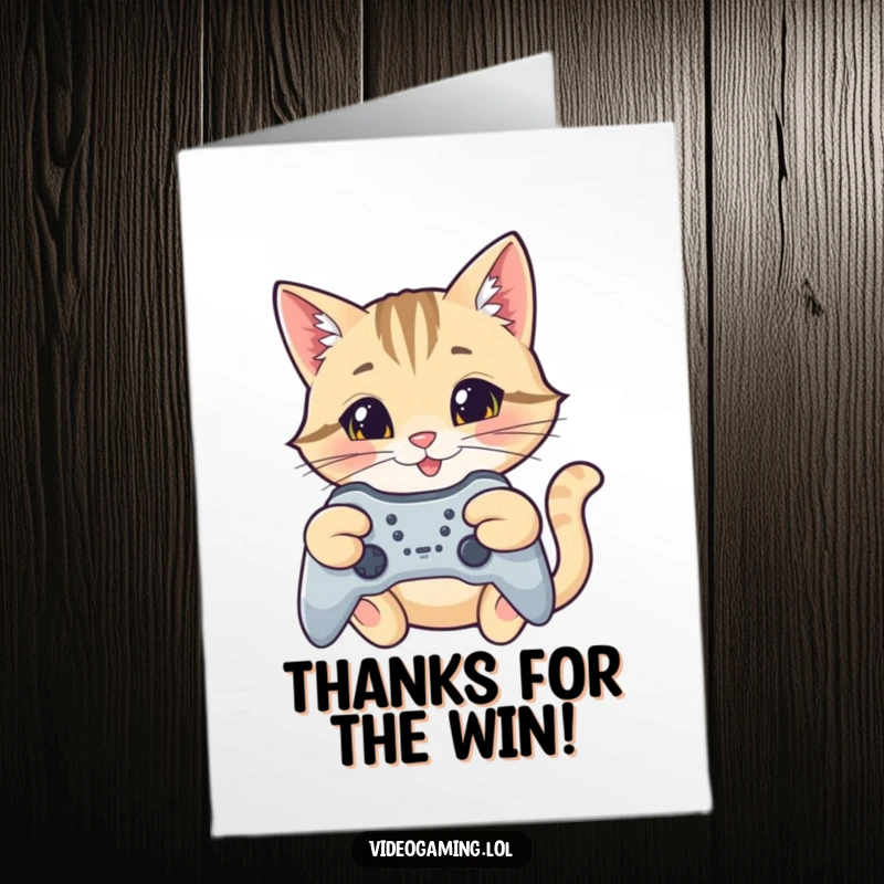 Funny Free Printable Thank You Card: A happy cat gamer aiming a controller, smiling gratefully after a great game.