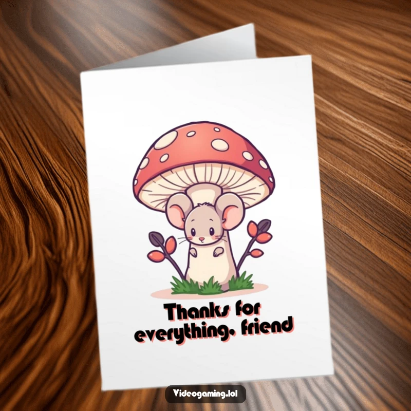 Funny Free Printable Thank You Card: A bashful mouse concealing itself behind an oversized pixelated mushroom, a humorous moment.
