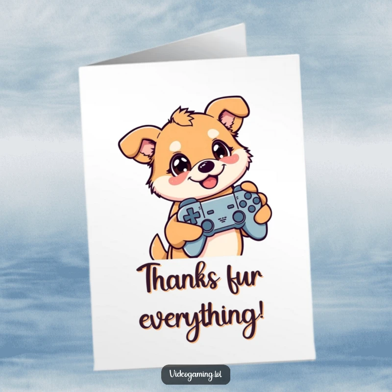 Funny Free Printable Thank You Card: Happy dog thanking you with a controller, engrossed in a game.