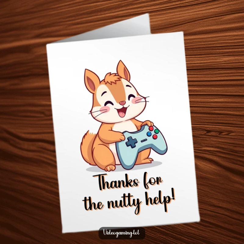 Funny Free Printable Thank You Card: A happy squirrel sends thanks with enthusiastic button-mashing on a game controller.
