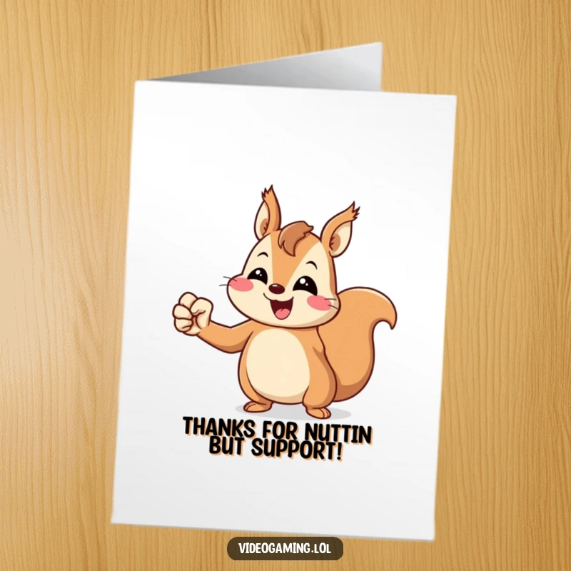 Funny free printable thank you card: Cheerful squirrel pumps its fist in victory, offering thanks.