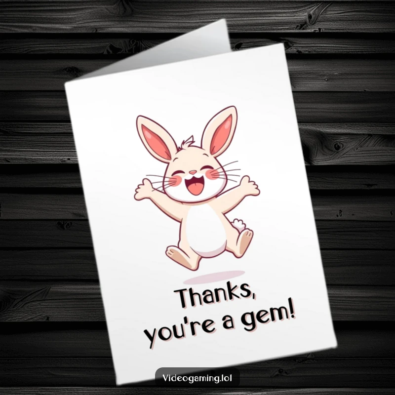 Funny Free Printable Thank You Card: A gleeful bunny jumping with excitement, conveying heartfelt thanks with infectious enthusiasm.