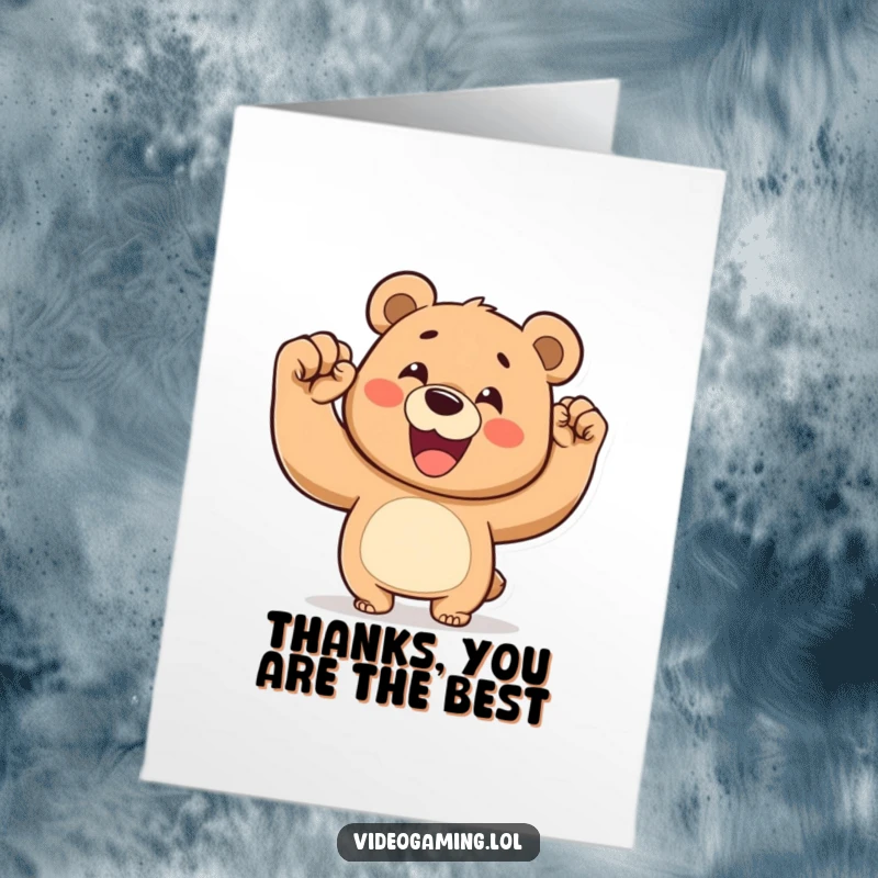 Funny Free Printable Thank You Card: Happy bear pumping its fist in victory, a humorous way to say thanks.