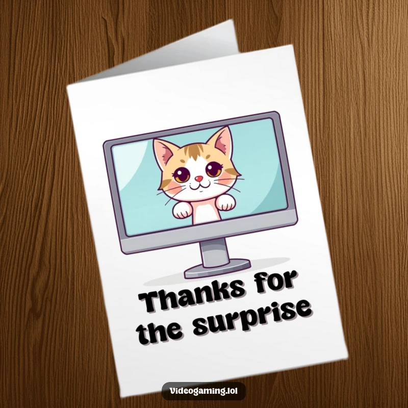 Funny Free Printable Thank You Card of a curious cat peeking from behind a large monitor, a charming downloadable gift.