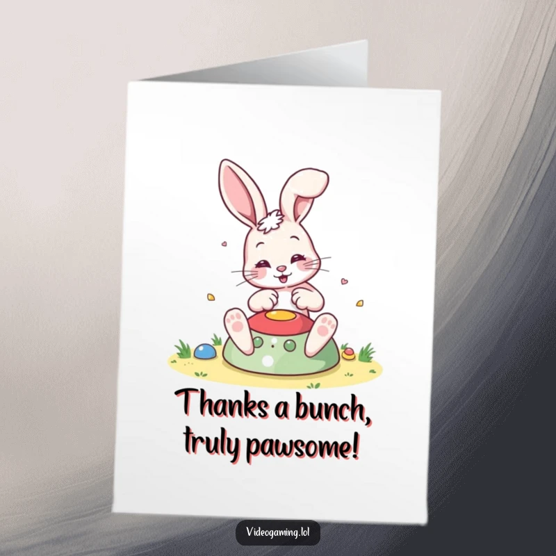 Funny Free Printable Thank You Card: A happy bouncing bunny playing a video game, sending thanks with joy.
