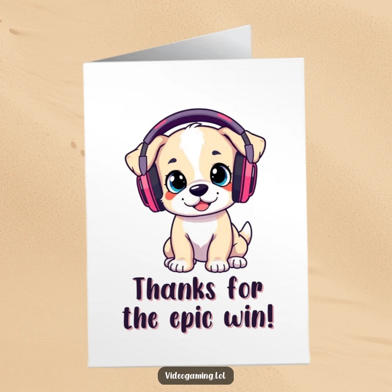 Funny Free Printable Thank You Card: A playful puppy wearing oversized gaming headphones says thanks.