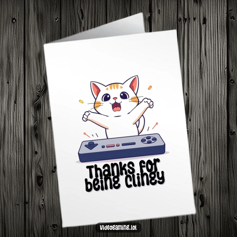 Funny Free Printable Thank You Card: Startled cat jumping back from a game, surprised by its speed.