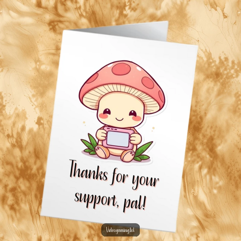 Funny Free Printable Thank You Card: A cheerful mushroom happily plays a handheld game device.