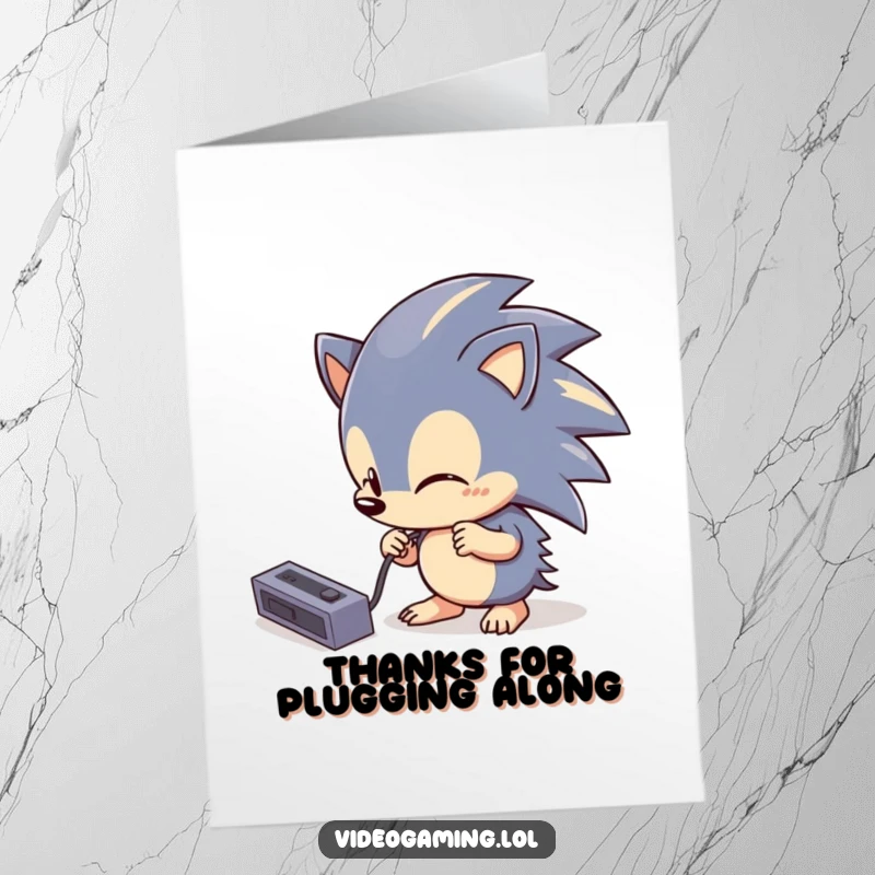 Funny Free Printable Thank You Card: A curious hedgehog attempts to plug in a console cable, saying thank you with humor.