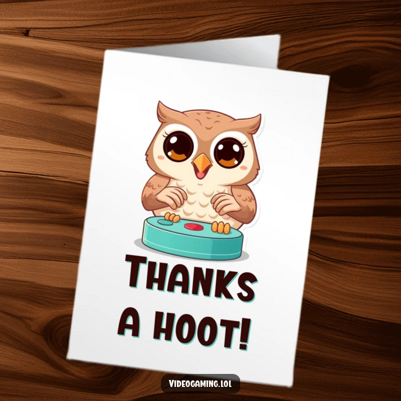 Funny Free Printable Thank You Card: Joyful owl intensely plays video games, pausing briefly to show thanks with focus.
