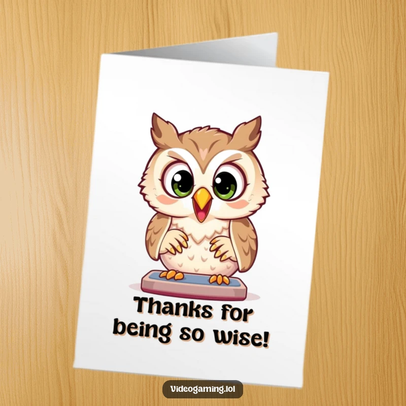 Funny free printable thank you card: Joyful owl intensely plays a game with wide, focused eyes, showing thanks.