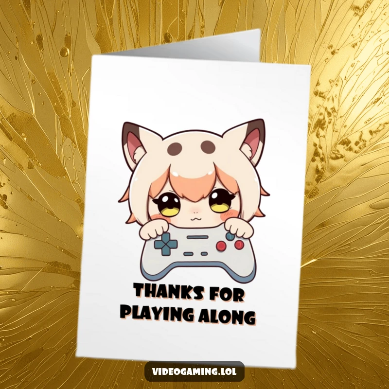 Funny Free Printable Thank You Card: Curious character studies a game controller, showing focus and dedication, perfect for thanks.