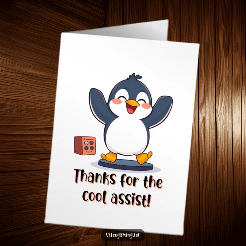 Funny Free Printable Thank You Card: An overjoyed penguin jumps with excitement while playing a game, sending thanks.