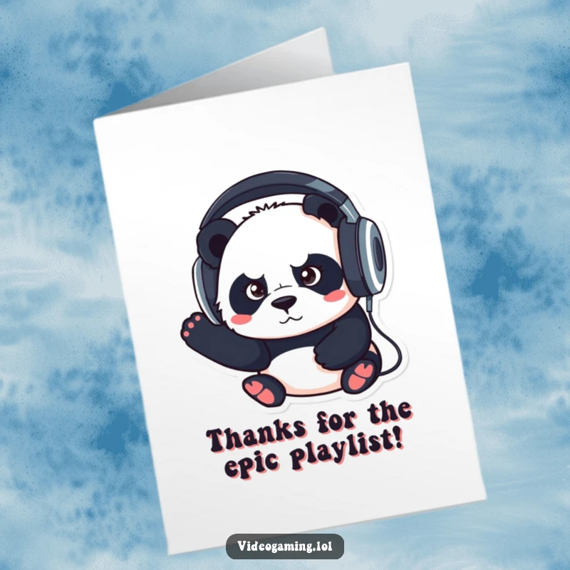 Funny Free Printable Thank You Card: Panda concentrating hard with headphones on, expressing thanks, a downloadable token of appreciation.