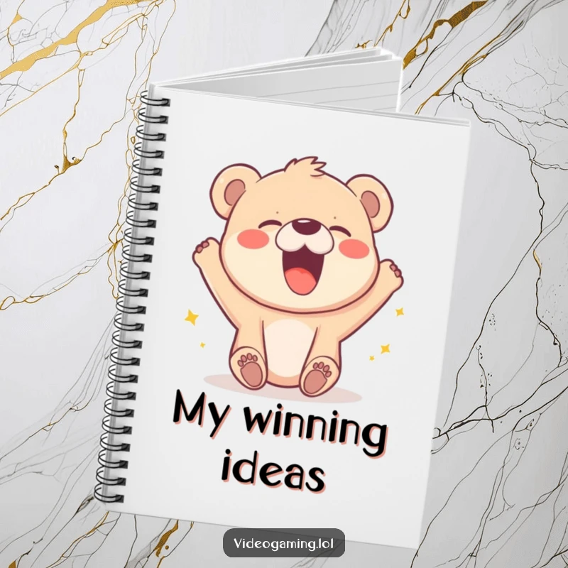 Funny notebook cover with a happy bear cub laughing uncontrollably over a pixelated video game victory.