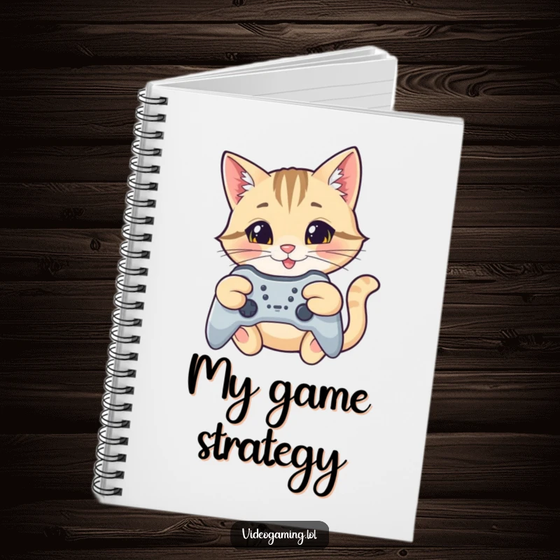 Funny cat gamer notebook, featuring a focused cat with a smile aiming a game controller, ideal for planning.
