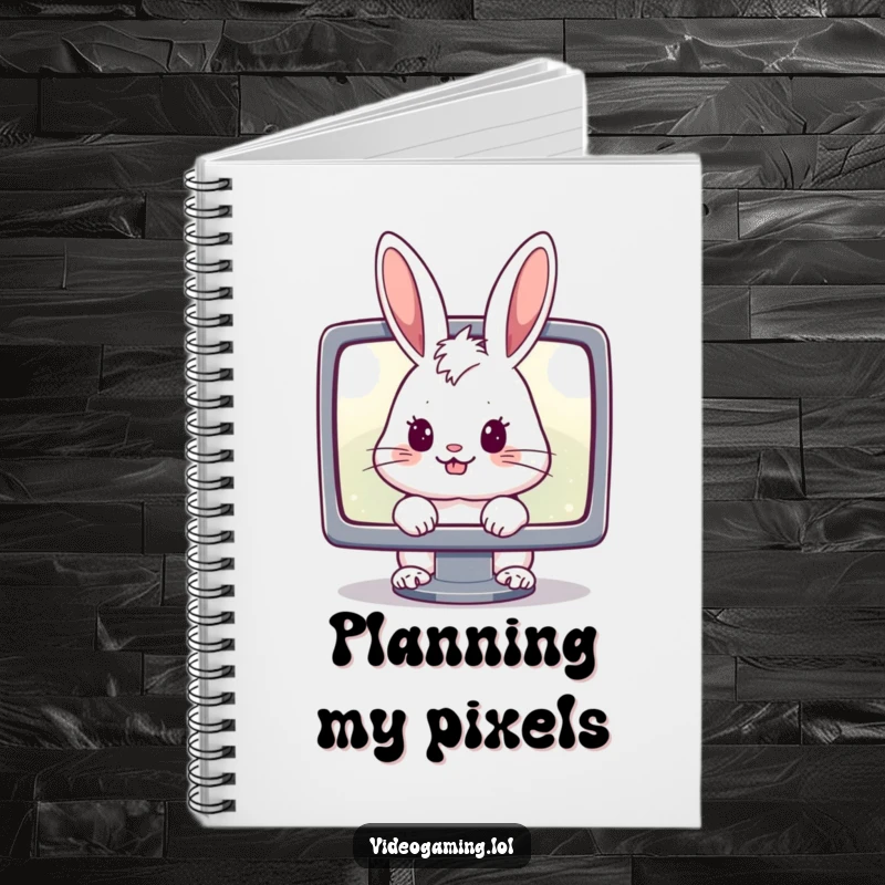 Funny notebook cover with a cheerful rabbit intensely focused on a glowing monitor, a humorous companion for gamer thoughts.