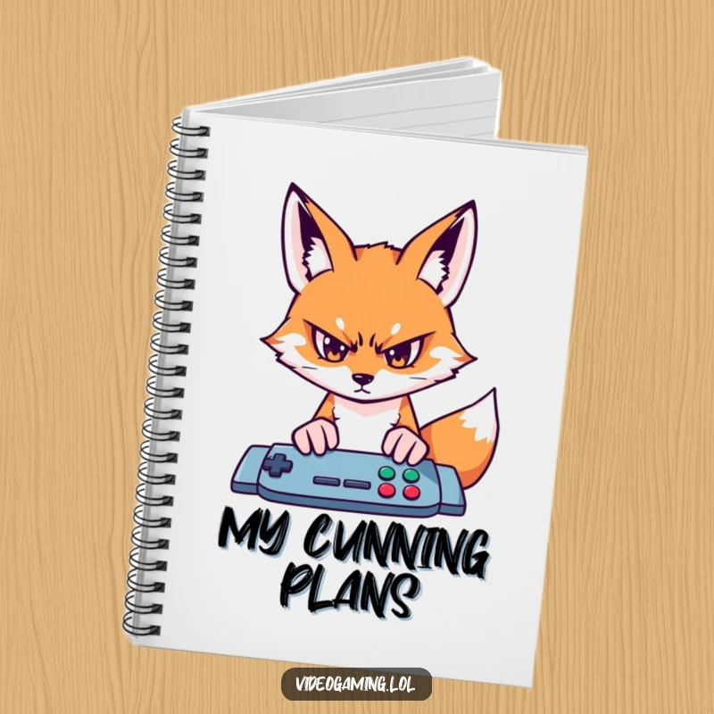 Funny fox gamer notebook, showing intense focus on a game screen, for writing strategies.