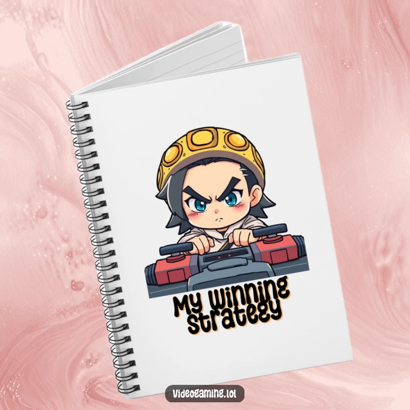 Funny notebook cover with a determined character intensely focused on a fast-paced game, ready to strategize.