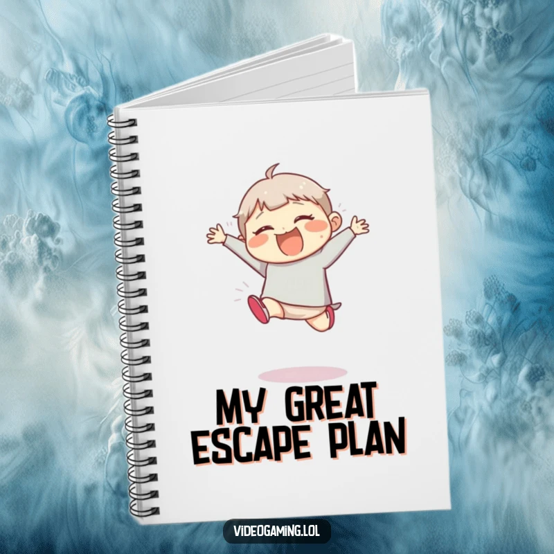 Funny notebook cover with a giggling character mid-exaggerated, clumsy jump, looking delighted.