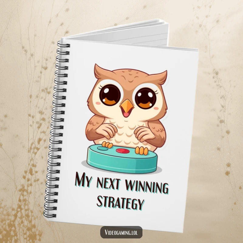 Funny owl notebook with a joyful bird displaying wide, focused eyes playing a video game, ideal for notes.