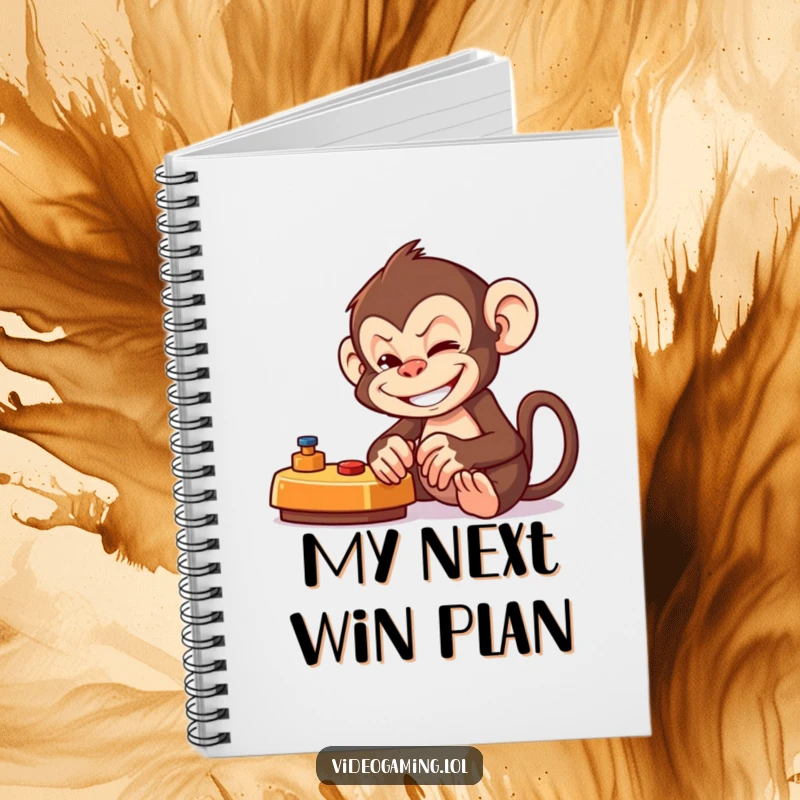 Funny Monkey Gamer Notebook showing a mischievous monkey engrossed in a game, with a wide, playful grin on its face.