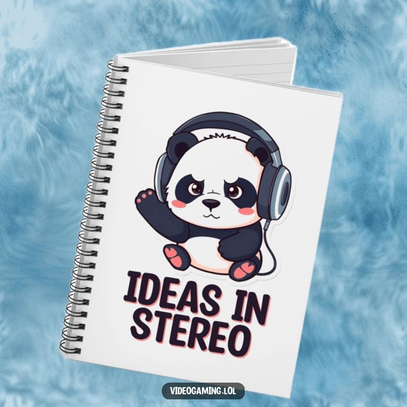 Funny notebook with a cover depicting a determined panda wearing oversized headphones, inspiring focused note-taking.