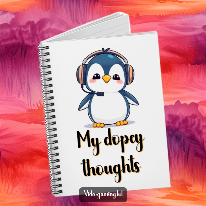 Funny penguin gamer notebook, wearing oversized gaming headphones with a goofy expression, for jotting notes.