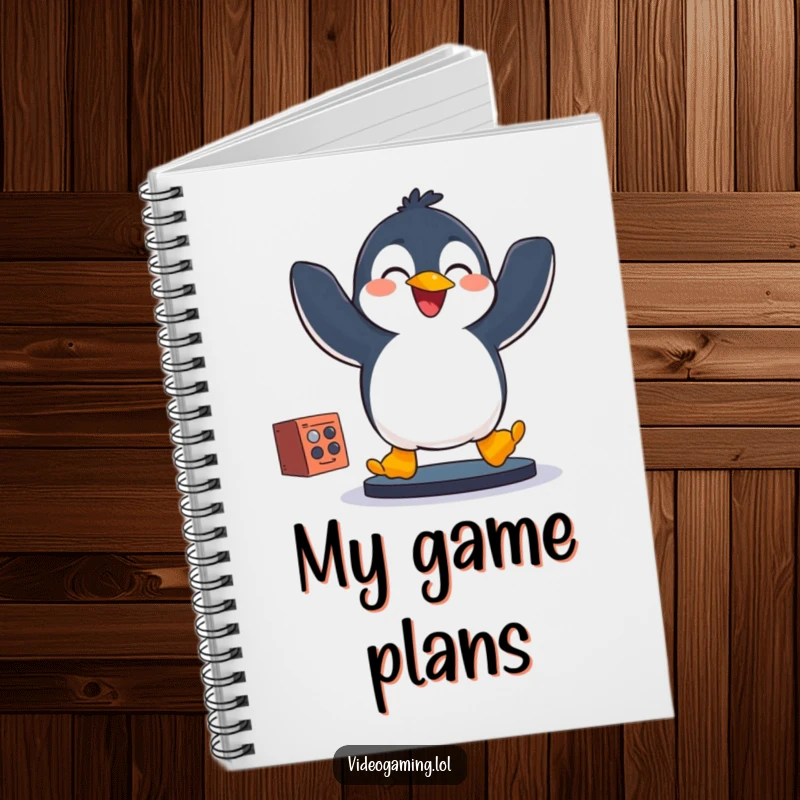 Funny penguin jumping with excitement while playing a game, for jotting down hilarious gaming notes.