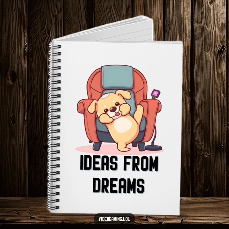 Funny puppy notebook showing a clumsy dog falling backward from a gaming chair, perfect for notes and journaling.